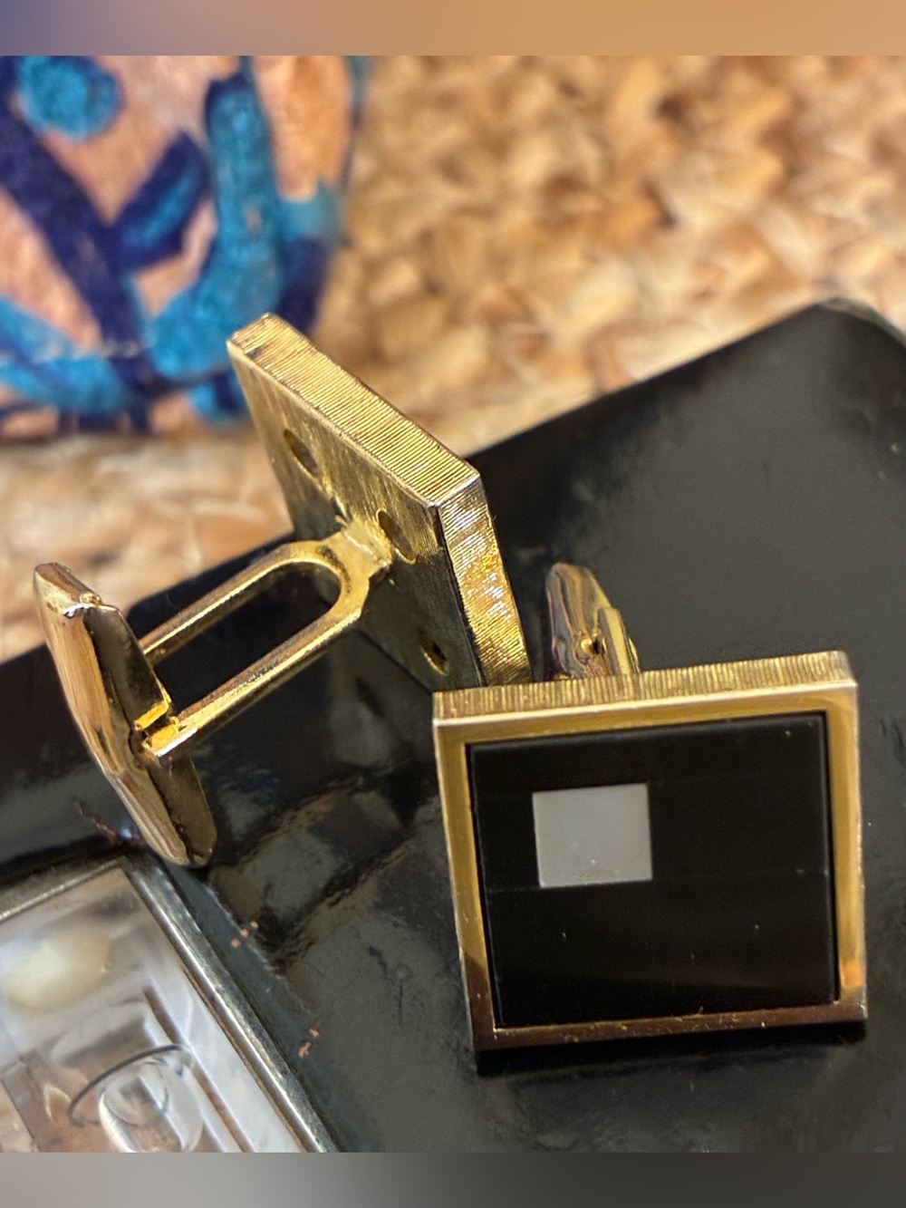 Gold-Tone Black Square Cufflinks with Accent Detail